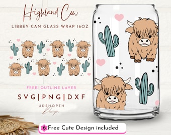 Highland Cow with Cactus 16oz Glass Can Wrap Svg, Cow Svg, Cactus Svg, Baby Cow Svg, Cute Cow Svg, Highland Heifer Cow Svg, Gift For Her