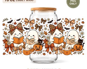 Spooky Ghost Reader Glass Can Wrap PNG, Cozy Fall Bookshelf Design (Digital Download)