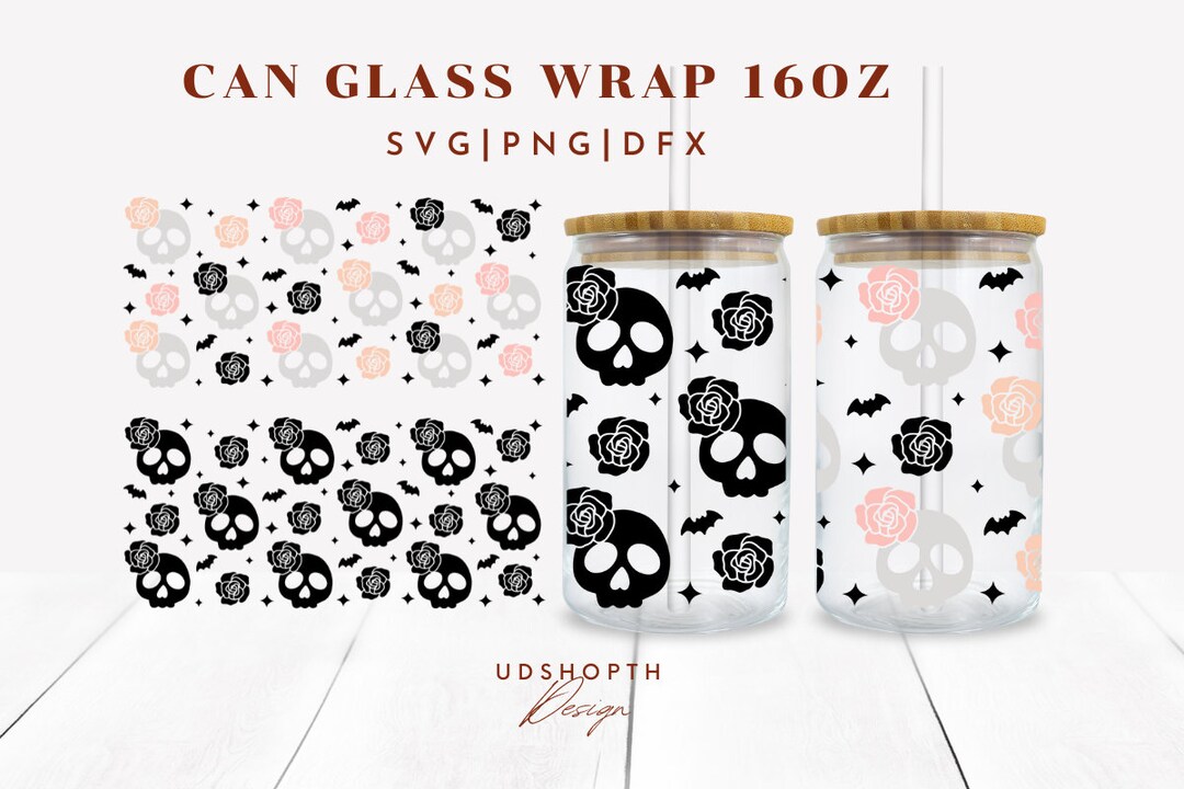 Flower Skull Svg for Libbey Can Glass 16oz,halloween Can Glass Wrap Svg ...
