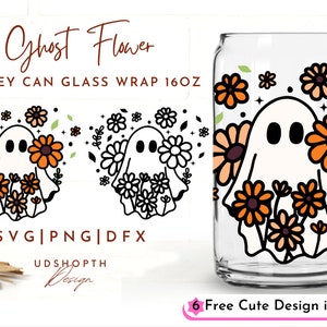 Ghost Flower Svg, Halloween Glass Can Svg, 16oz Libbey Can Glass Svg, Love Halloween Svg, Wildflower Svg, Spooky Season Svg, Daisy Ghost Svg