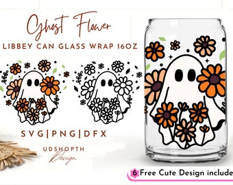 Ghost Flower Svg, Halloween Glass Can Svg, 16oz Libbey Can Glass Svg, Love Halloween Svg, Wildflower Svg, Spooky Season Svg, Daisy Ghost Svg