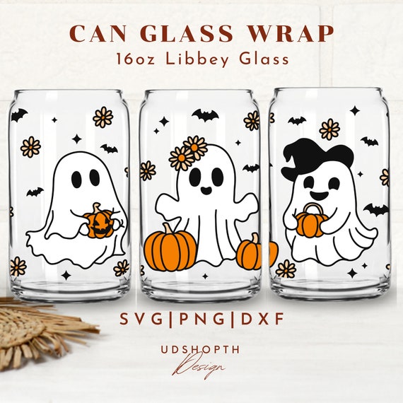 Halloween Spooky Ghost 16oz Libbey Glass Can Svg, Сute Spooky Ghost Svg, Halloween Ghost Glass Can Svg, Ghost with Flower, Ghost Pumpkin Svg
