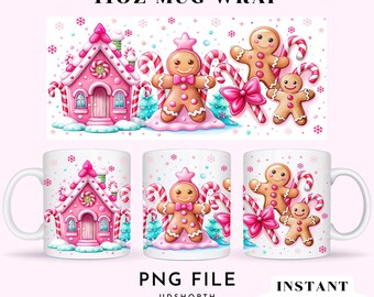 Pink Christmas Gingerbread Mug PNG, 11oz Mug Wrap Sublimation Wrap, Gingerbread House Mug Png, Christmas Coffee Cup Wrap Digital Download