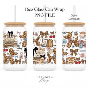 May include: Three 16oz glass can wraps with bamboo lids and straws. The wraps feature a white background with illustrations of books, bows, cherries, and balloon animals in a leopard print design. The text on the wraps includes "Read More" and "Book Lover."