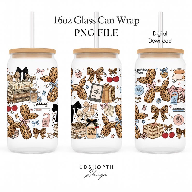 May include: Three 16oz glass can wraps with bamboo lids and straws. The wraps feature a white background with illustrations of books, bows, cherries, and balloon animals in a leopard print design. The text on the wraps includes "Read More" and "Book Lover."