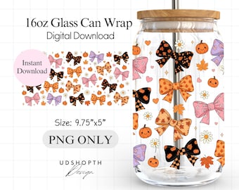 473 ml Halloween-glasburkplast PNG, söta höstrosetter Libbey-glasplast, kawaii pumpa-prästkrage-rosett PNG höstkokett sublimering digital nedladdning