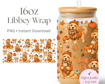 Golden Retriever Fall Can Wrap PNG, Autumn Plaid Sweater Dog (Digital Download)