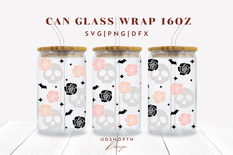 Flower Skull Svg for Libbey Can Glass 16oz,halloween Can Glass Wrap Svg ...