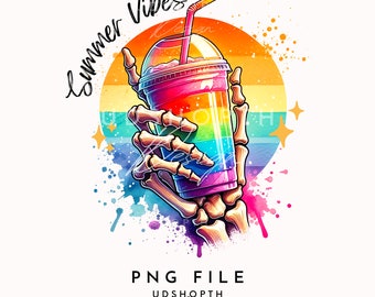 Summer Vibes Skeleton Clipart, Spooky Summer Png, Pastel Goth tropisch drankje, Summer Ghost, Beach Vibes, zomervakantie sublimatie ontwerp