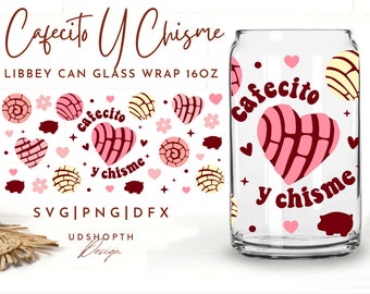 Cafecito Y Chisme Bierdosenglas SVG, 16 Unzen Libbey Full Wrap SVG, Concha Mexikanische Pfanne Dulce SVG, Rosa Liebeskaffeetasse, Libbey Vorlage