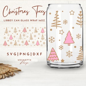 Christmas Trees with Snowflake Beer Can Glass Svg, 16oz Libbey Full Wrap Svg, Winter Holiday Svg, Cute Xmas Svg, Libbey Template