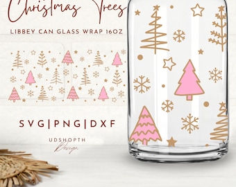 Christmas Trees with Snowflake Beer Can Glass Svg, 16oz Libbey Full Wrap Svg, Winter Holiday Svg, Cute Xmas Svg, Libbey Template