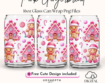 Cute Pink Gingerbread 16oz Libbey Glass Can Wrap Png, Gingerbread House Can Glass, Pink Christmas Gingerbread Cup Wrap Png Digital Download