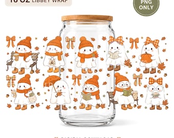 Fall Ghost Reader 16oz Glass Can Wrap PNG, Autumn Pumpkin Spice Sublimation Design (Digital Download)
