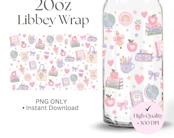 Teacher 20oz Glass Can Wrap PNG, Pink Preppy School Sublimation Design (Digital Download)