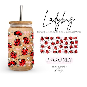 Nyckelpigor 16oz glasburkomslag png, nyckelpiga med blommor, vårglasmuggomslag, kokett vårnyckelpiga, söt flickaktig nyckelpiga digital nedladdning
