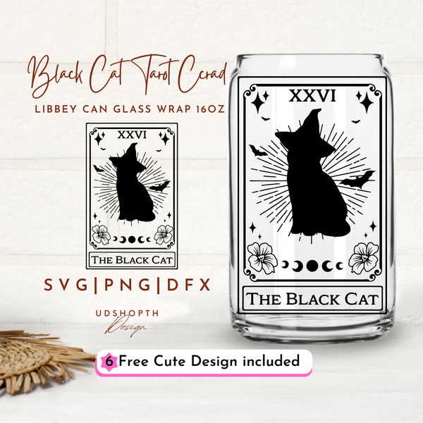 Witch Black Cat Bat Tarot Card, 16oz Libbey Can Glass Wrap Svg, Black Cat Halloween Svg, Cat Lover Svg, Spooky Season Svg, Cat Lover Gift