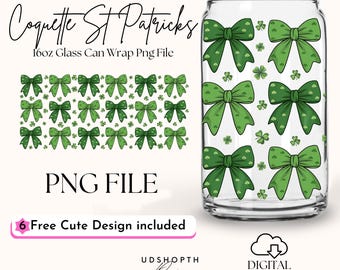 St Patrick Coquette 16oz Libbey Glass Can Wrap Png, Coquette St Patty's Day, Lucky Shamrock, St Patrick Bow Cup Wrap Design Digital Download