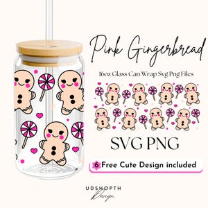 Rosa Weihnachtslebkuchen-Eiskaffeetasse 16 Unze Glasschalen-Svg, Lebkuchenmann-Weihnachtskaffeetasse, Weihnachtslibbey-Glas-Digitaler Download