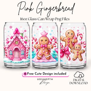 Puede incluir: Tres diseños de envoltura para latas de vidrio de 473 ml con casas de jengibre rosas, figuras de jengibre y bastones de caramelo. Los diseños son perfectos para crear vasos o vajilla personalizados.