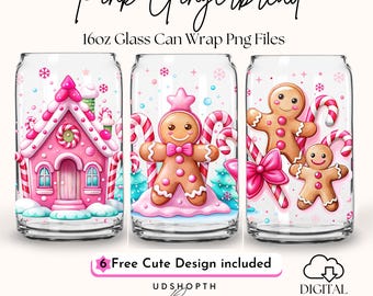 Cute Pink Gingerbread 16oz Libbey Glass Can Wrap Png, Gingerbread House Beer Can Glass, Pink Christmas Gingerbread Cup Wrap Digital Download