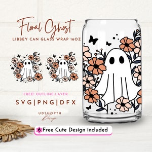 Floral Ghost Svg, Halloween Glass Can Svg, 16oz Libbey Can Glass Svg, Wildflower Svg, Spooky Season Svg, Ghost Svg, Floral Ghost Outline Svg