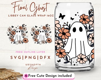 Floral Ghost Svg, Halloween Glass Can Svg, 16oz Libbey Can Glass Svg, Wildflower Svg, Spooky Season Svg, Ghost Svg, Floral Ghost Outline Svg