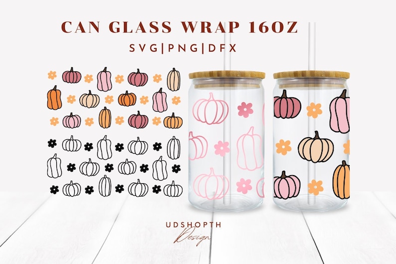 May include: Two 16 oz glass can wraps with a pumpkin and flower pattern. The wraps are pink, orange, and white. The image also includes a set of pumpkin and flower graphics in black and white.