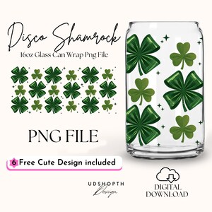 Disco Shamrock 16oz Libbey Glass Can Wrap Png, Png, St Patrick&#39;s Day Png, Trendy Shamrock, Four Leaf Clover Cup Wrap Design Digital Download