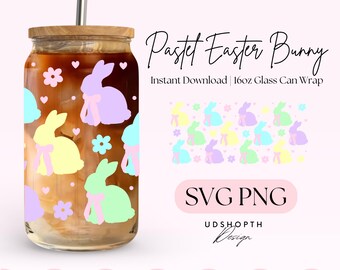 May include: A glass can wrap design featuring pastel Easter bunnies in yellow, purple, and green with pink bows. The design includes the text "Pastel Easter Bunny" and "Instant Download | 16oz Glass Can Wrap."
