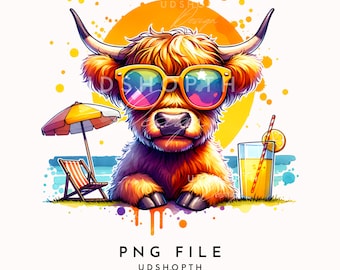 夏のハイランド牛のクリップアート、かわいいハイランド牛、雌牛のpng、ビーチの雰囲気のpng、夏のビーチでの休暇、甘い夏png、ウエスタン牛のpng