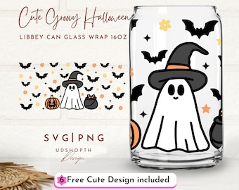Groovy Halloween 16oz Glass Can Wrap Svg, Retro Halloween, Hippie Halloween, Cute Ghost, Spooky Vibes, Spooky Season Svg, Stay Spooky Svg
