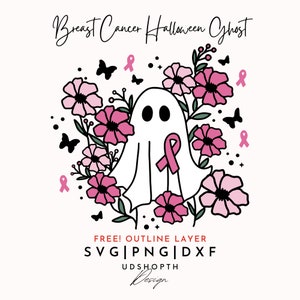 Breast Cancer Halloween Ghost Svg, Pink Ghost Png, Breast Cancer Svg, Floral Ghost Svg, Cancer Ribbon Svg, Floral Ghost Outline Svg image 1