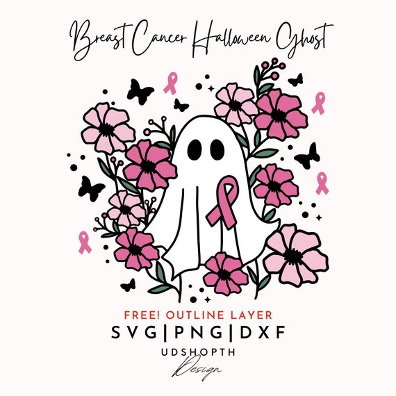 Breast Cancer Halloween Ghost Svg, Pink Ghost Png, Breast Cancer Svg, Floral Ghost Svg, Cancer Ribbon Svg, Floral Ghost Outline Svg