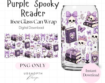 Gothic Skull 16oz Glass Can Wrap PNG, Bookish Reader Design (Digital Download)