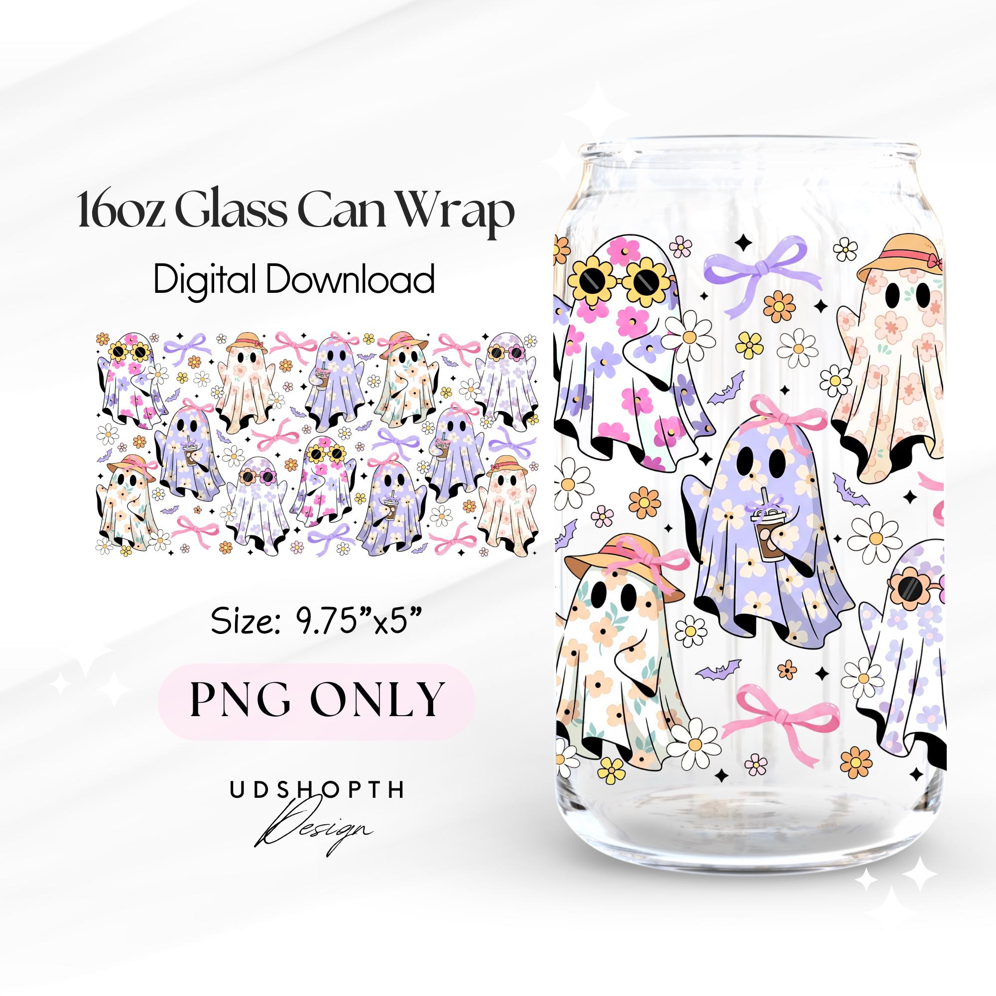 Preppy Ghost Glass Can Wrap PNG, Cute Floral Ghosts with Bows, 16oz Libbey Wrap, Girly Preppy, Kawaii Summer Halloween Wrap Digital Download