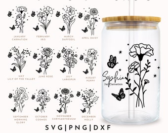 Flor do mês de nascimento Svg, 16 onças Libbey Full Wrap Svg, Svg botânico, Svg de flores silvestres, floral, flor de nascimento, buquê de borboletas, presente de dia das mães