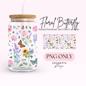 Floral Butterfly 16oz Glass Can Wrap Png, Wildflowers Coffee Glass Can, Floral Butterflies Can Wrap, Floral Glass Can Wrap Digital Download