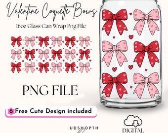 Valentine's Day Heart Coquette Bows 16oz Libbey Glass Can Wrap Png, Coquette Bow Heart Png, Valentine Bow Cup Wrap Design Digital Download