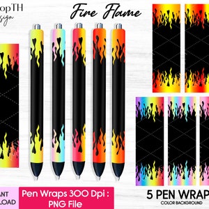 May include: Five colorful pen wraps with a fire flame design. The wraps are 300 dpi and are available for instant download. The text "Fire Flame" is at the top of the image.