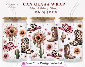 Western Cowgirl Png, 16oz Libbey Wrap Sublimacja Projekt, Cowgirl Buty Kapelusz Png, Retro Western Png, Słoneczniki Cowgirl Png, Kaktus Png