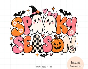 Spooky Season PNG, Halloween Ghost Sublimation Design, Coquette Halloween Clipart, Cute Pink Pumpkin Ghost Digital Download