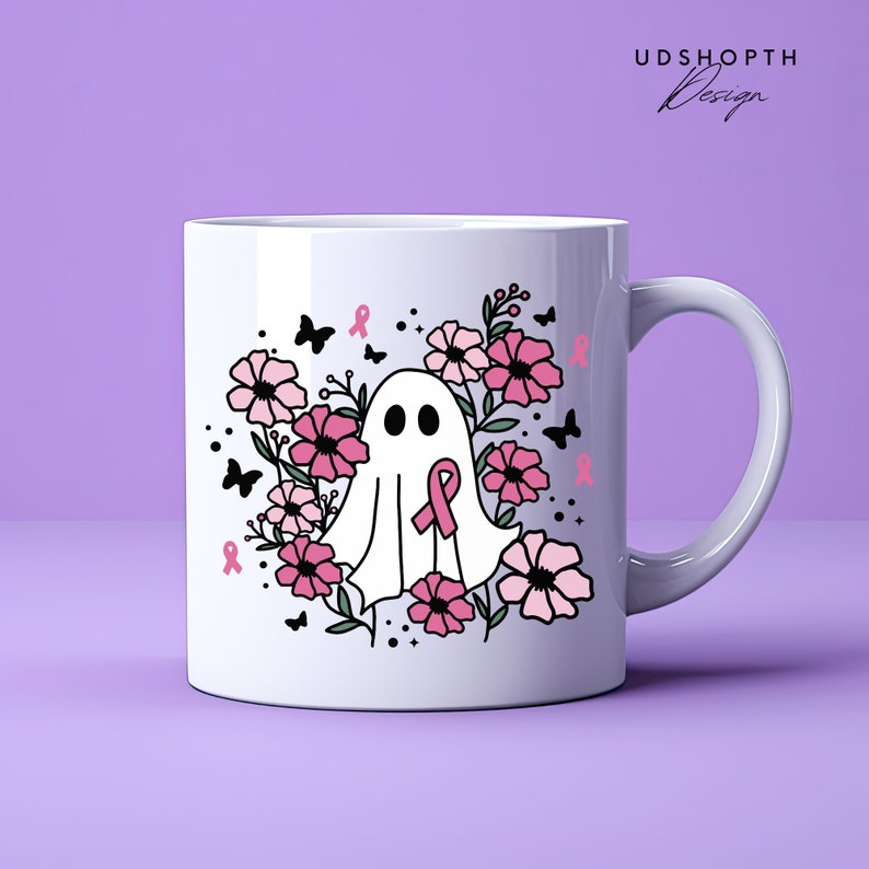 Breast Cancer Halloween Ghost Svg, Pink Ghost Png, Breast Cancer Svg, Floral Ghost Svg, Cancer Ribbon Svg, Floral Ghost Outline Svg image 6