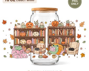 16oz Libbey Glass Can Wrap PNG, Cozy Fall Frog Reader, Autumn Bookshelf Design
