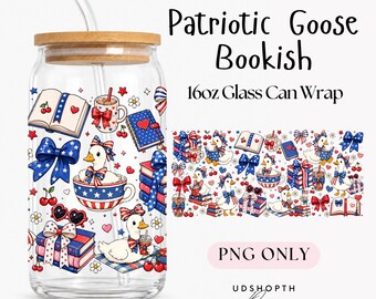 Patriotic Goose Bookish Coquette Bow Glass Can Wrap PNG, 4th of July Goose Libbey Wrap, Americana Book Lover PNG, Red White Blue Bow Cup