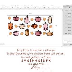 May include: A digital download of a graphic design featuring a pattern of pumpkins and flowers in shades of pink, orange, and cream. The design is perfect for fall-themed crafts and projects.