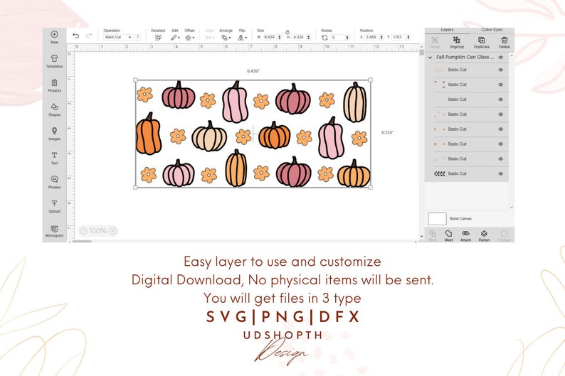 May include: A digital download of a graphic design featuring a pattern of pumpkins and flowers in shades of pink, orange, and cream. The design is perfect for fall-themed crafts and projects.