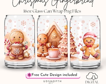 Christmas Gingerbread 16oz Libbey Glass Can Wrap Png, Gingerbread Can Glass Png, Cute Christmas Gingerbread Cup Wrap Png, Digital Download
