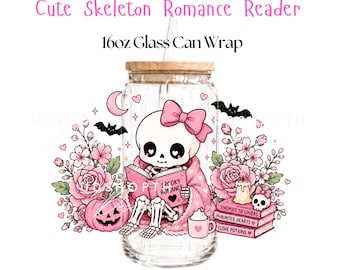 Skeleton Romance Reader 16oz Glass Can Wrap PNG (Digital Download)