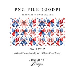 May include: A digital download of a 9.75 inches by 5 inches graphic design featuring a pattern of red, white, and blue bows with stars. The design is suitable for wrapping 16 ounce glass cans.